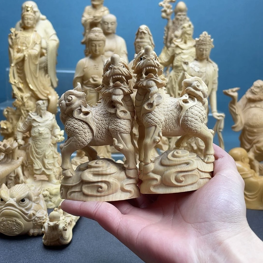 黄杨木麒麟一对10cm摆件
