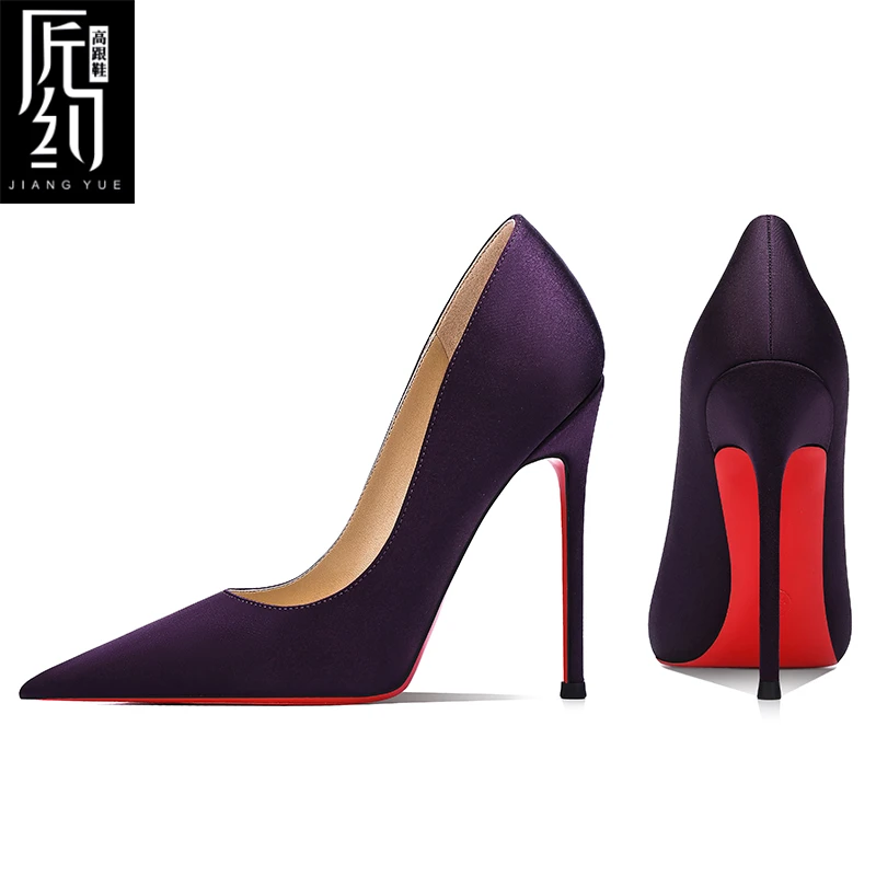 匠约2025新款性感御姐紫色红底高跟鞋女细跟尖头绸缎职业12cm单鞋