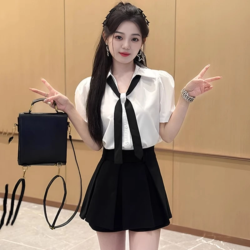 辣妹宽松洋气百搭短袖V领衬衫上衣女夏季高腰气质半身短裙子套装
