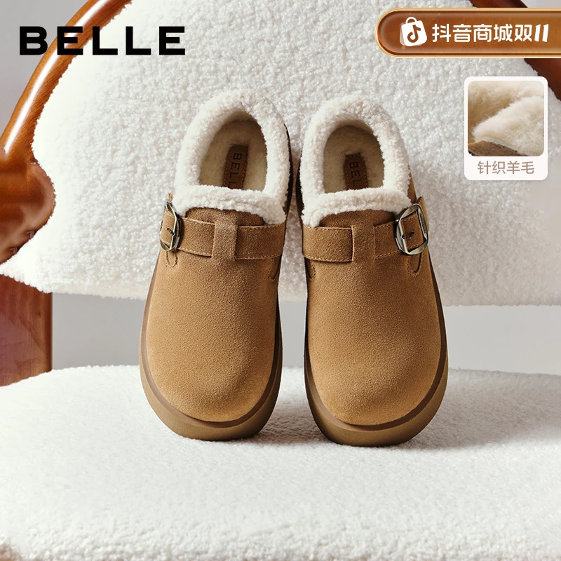 百丽复古皮带扣大头勃肯鞋女2025冬新厚底增高保暖毛毛鞋B2924DM5