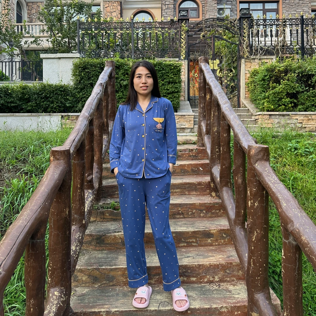 芬腾正品女纯棉睡衣家居服套装小翻领对襟卡通兰格休闲睡衣睡裤女