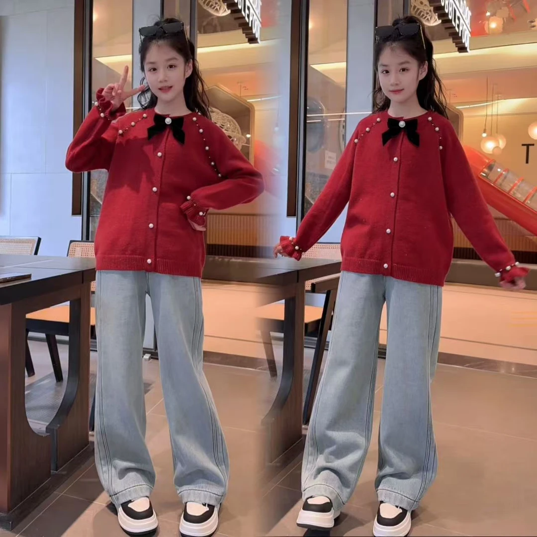女童新款年货红色毛衣套装儿童洋气针织衫中大童加绒牛仔裤女孩12