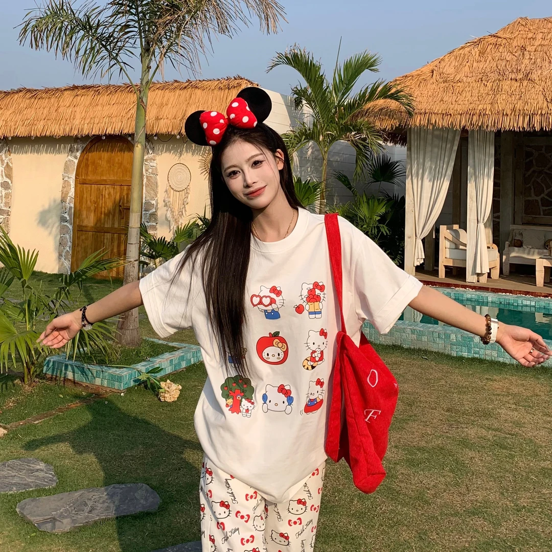 3MER 美式甜辣kitty猫短袖T恤女2025夏季新款百搭显瘦上衣
