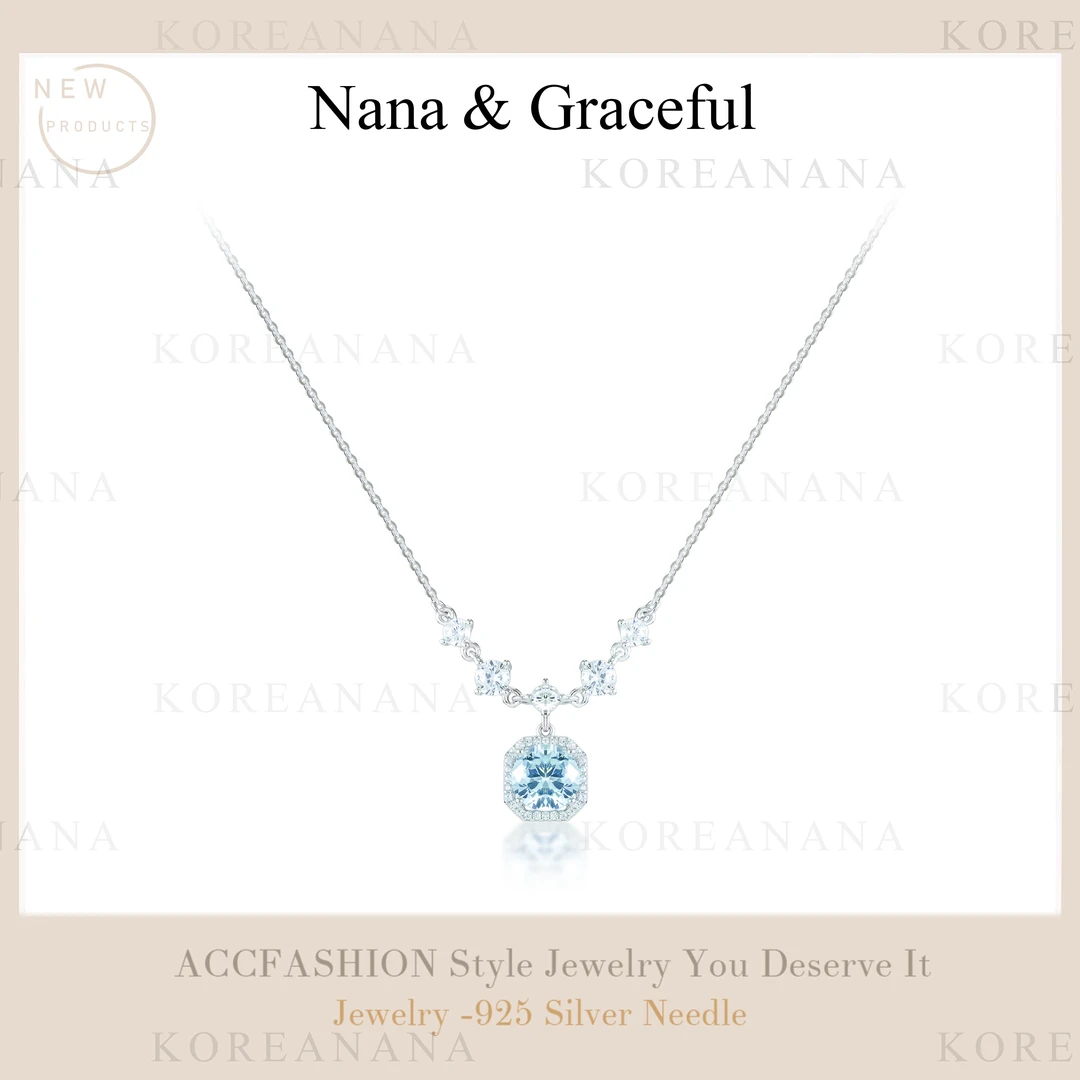 坠链均925银合成锆石 「海盐蓝」轻奢精致简约蓝色方糖锆石项链E199