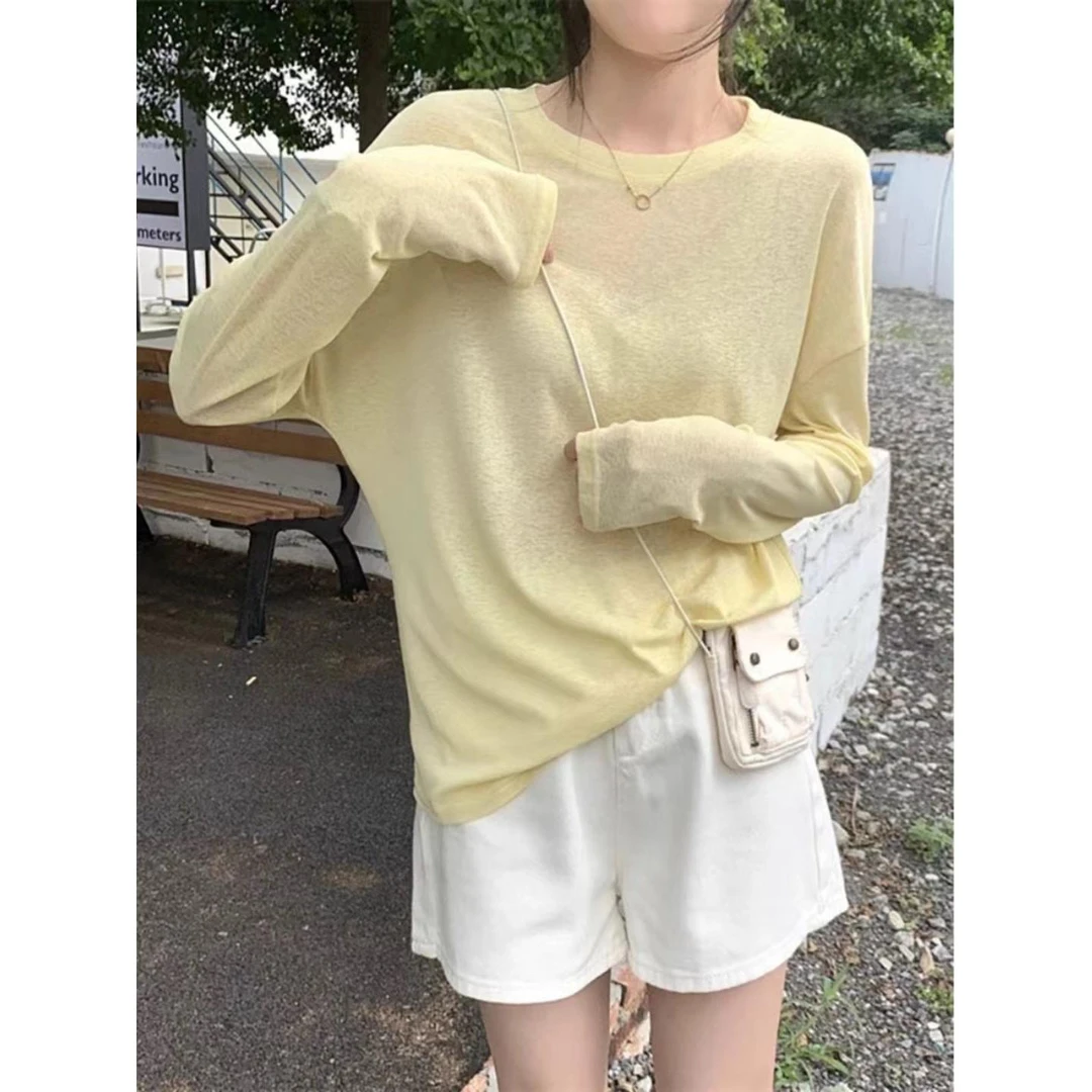 E念2805慵懒风冰丝面料长袖T恤女夏宽松薄款防晒空调罩衫chic上衣