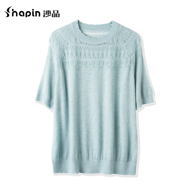 优雅精致镂空提花半袖针织衫套头圆领上衣女DY25036