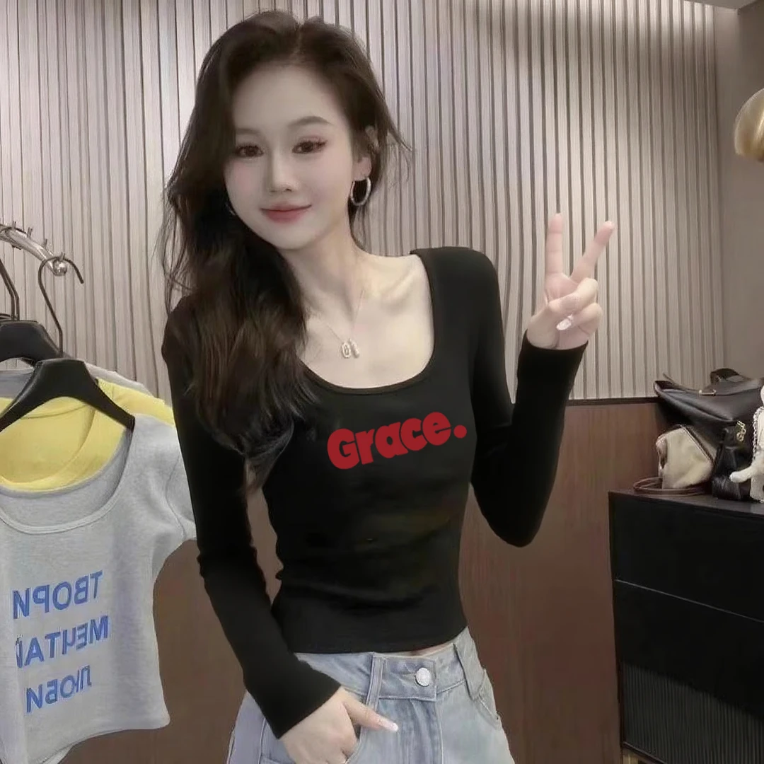 长袖t恤女2025早秋季新款小个子甜辣短款上衣洋气印花打底衫体恤