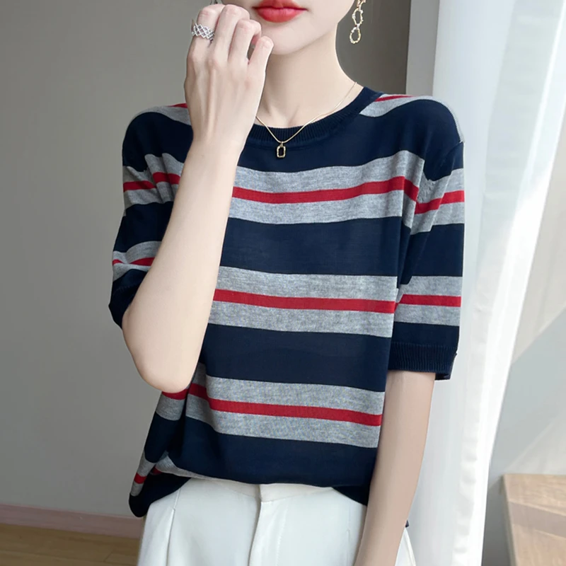 5125【100天丝莱赛尔】时尚条纹短袖t恤女夏季新款洋气女装针织上衣