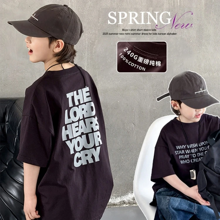 2025夏季新款中大童字母印花双纱纯棉个性T恤字母儿童短袖/KK6504