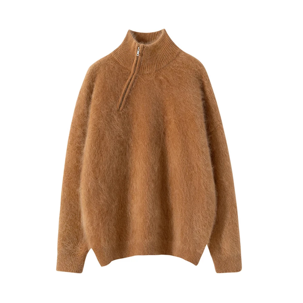 100%纯山羊绒拉绒软糯亲肤羊绒衫女半拉链高领毛衣针织衫打底毛衣