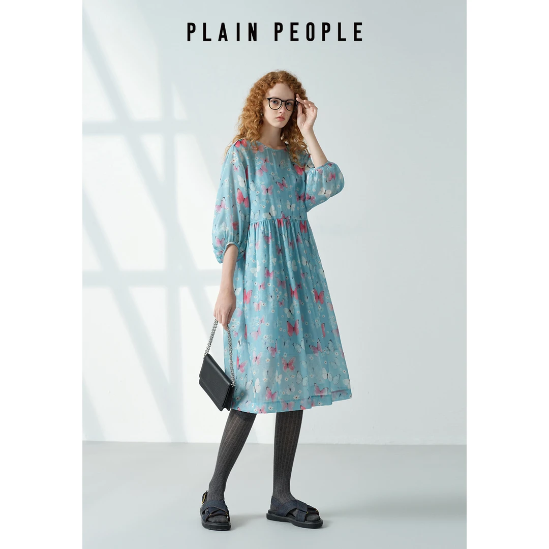 PLAIN PEOPLE【蝶恋花】法式浪漫度假桑蚕丝印花连衣裙2025春