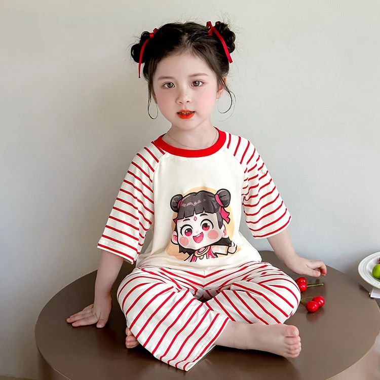 儿童睡衣夏季薄款纯棉女孩宝宝哪吒短袖家居服女童全棉夏天空调服