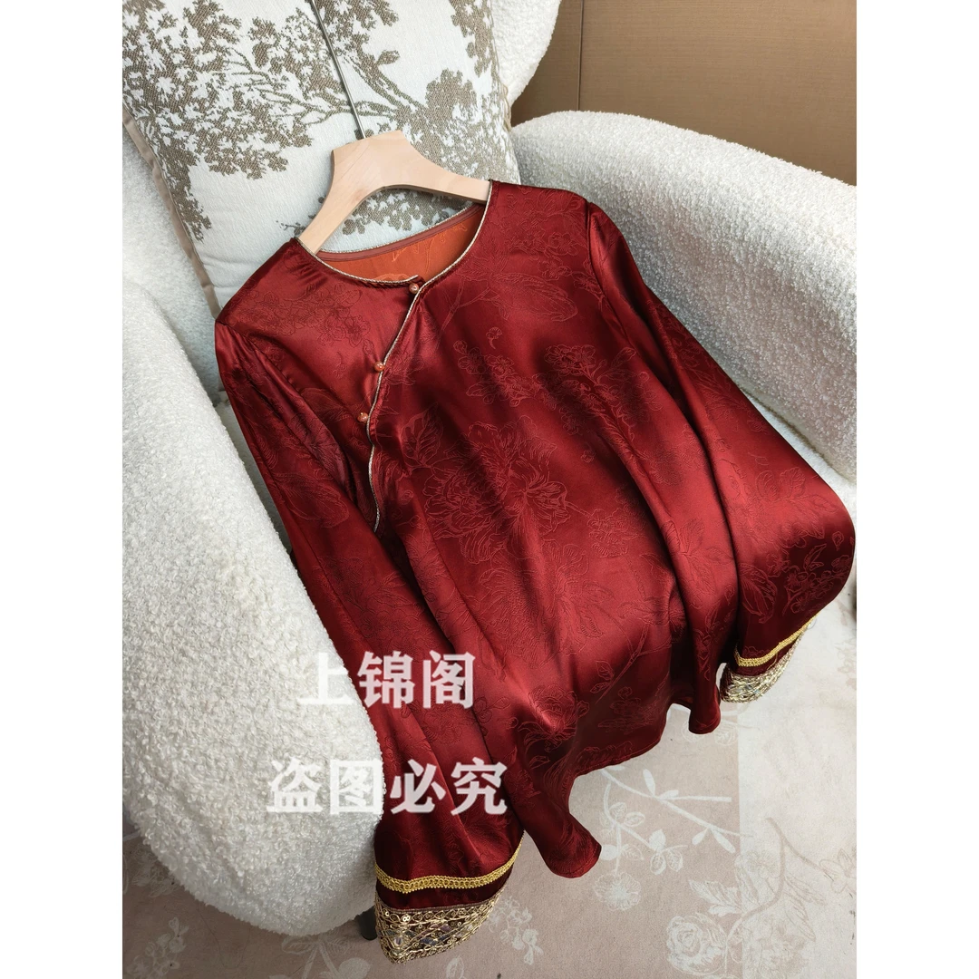 203新中式红色提花圆领斜襟长袖不规则下摆上衣中国风时尚薄款
