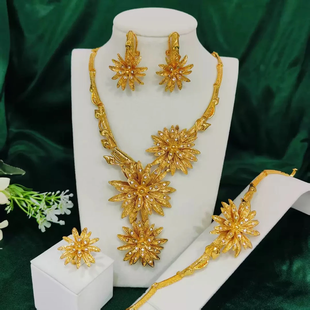 铜合金项链 【古米】4/14轻奢定制金色长款花朵项链饰品套装四件套