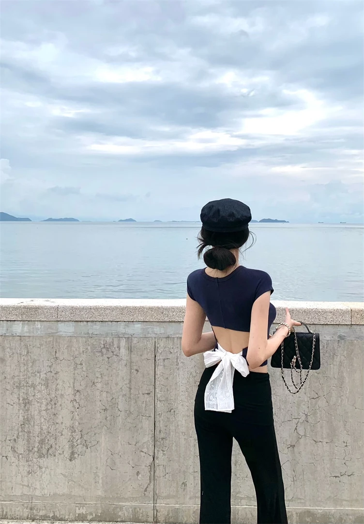 美背狙击辣妹短袖T恤高级小众不撞款短款上衣裤子套装#A778