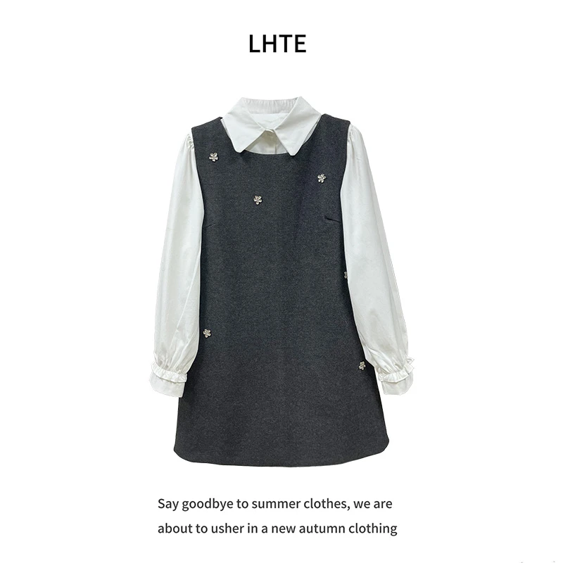 青青大码女装 秋季新款法式减龄学院风背心裙+衬衫两件套C1979