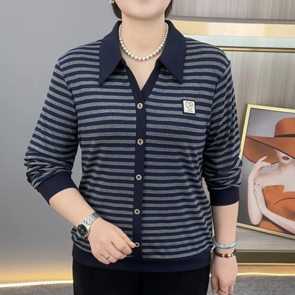 秋季新款时尚翻领条纹气质妈妈装显瘦百搭减龄休闲长袖上衣H8603