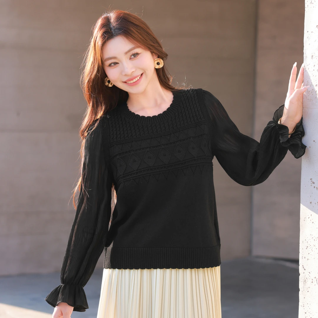 【拼接压褶雪纺假两件高端针织衫】MsShe大码女装2025新款C2502027