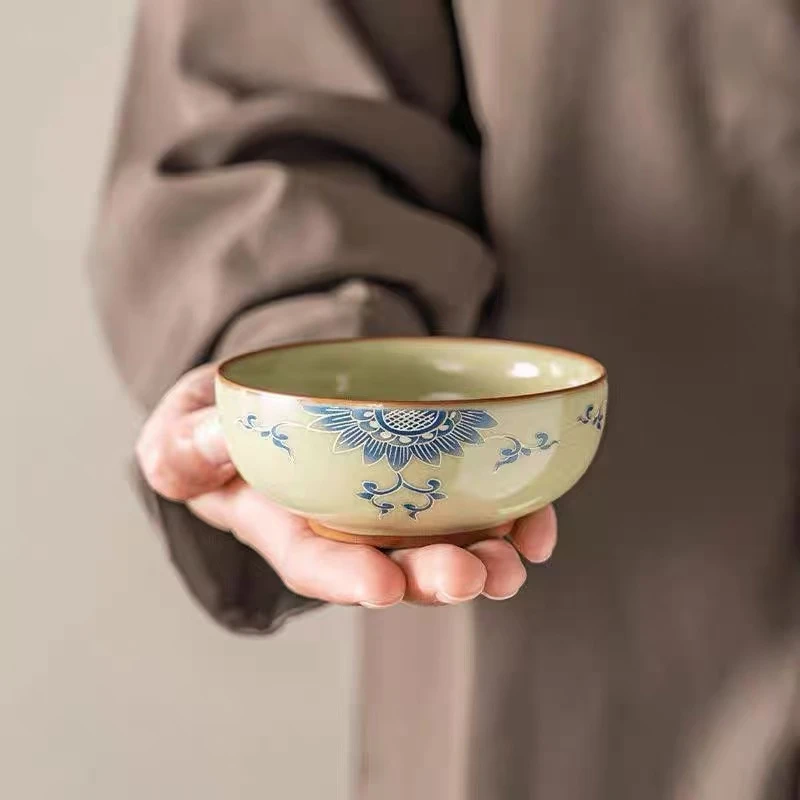 米黄汝窑梅花普洱杯功夫茶具中式主人杯喝茶茶杯单杯品茗杯G1188