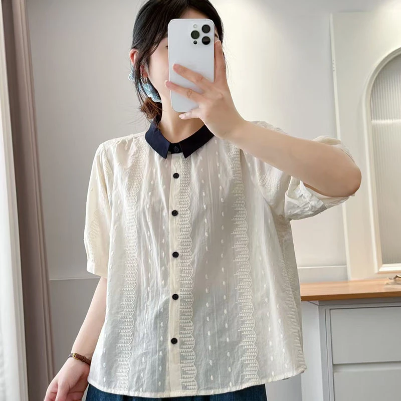 重工刺绣镂空钩花黑色翻领短袖衬衫2025年夏季新款洋气减龄衬衣女