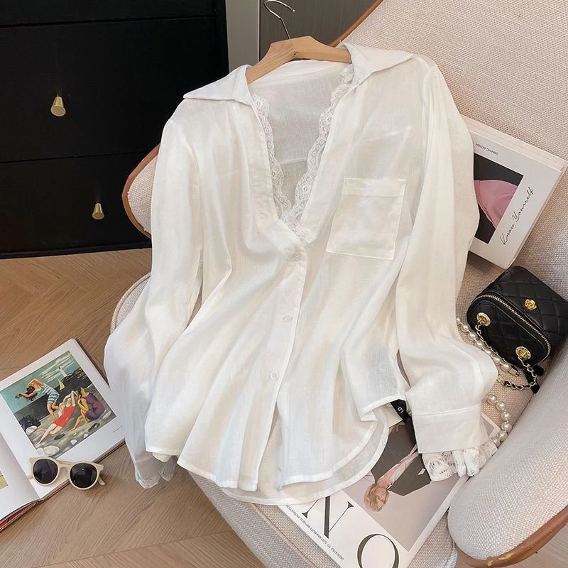 2025简约风高级感白色假两件蕾丝拼接西装长袖宽松衬衫上衣女