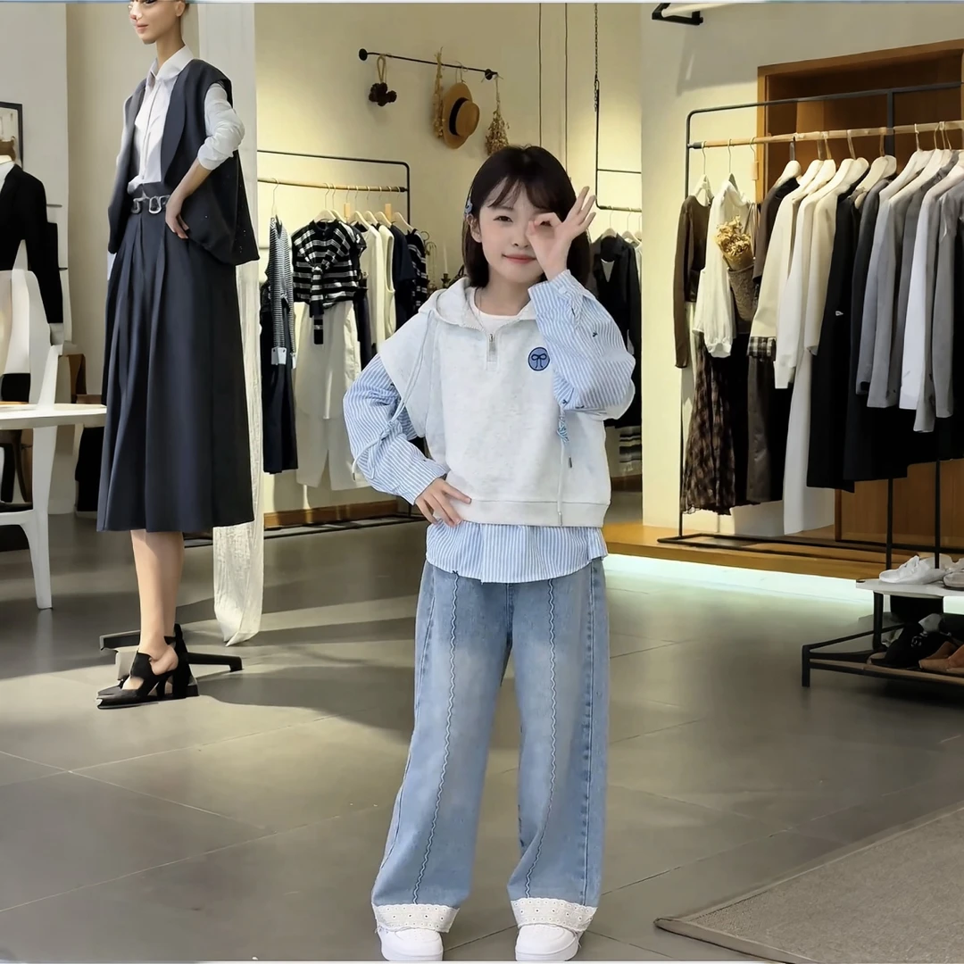 假两件套装2025秋款休闲洋气卫衣女孩子连帽宽松文艺套装csc2352