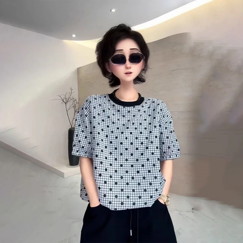 时尚复古撞色波点印花短袖t恤衫女夏季新款宽松休闲显瘦百搭上衣
