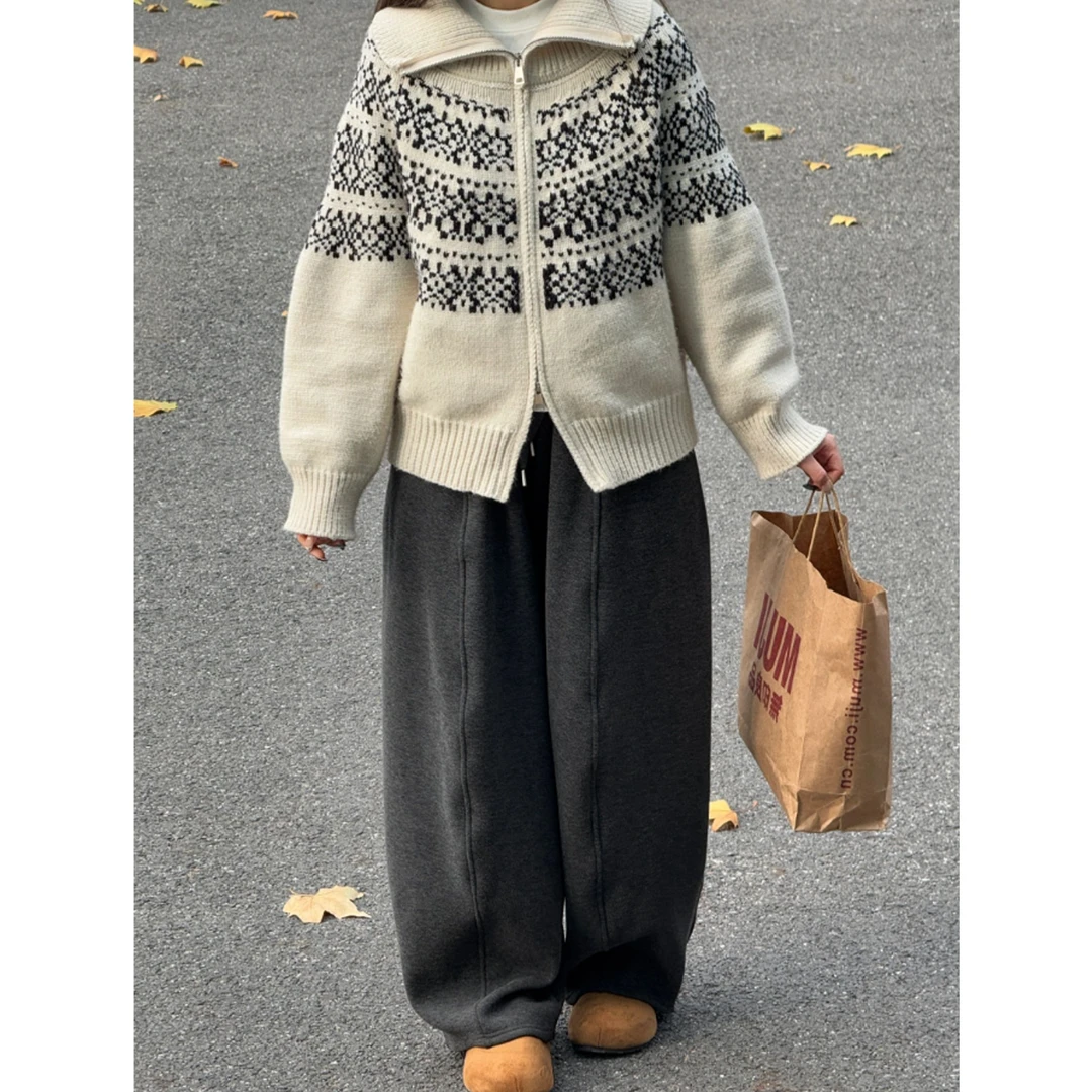 复古北欧风费尔岛提花拉链毛衣外套女秋冬加厚保暖慵懒风针织开衫