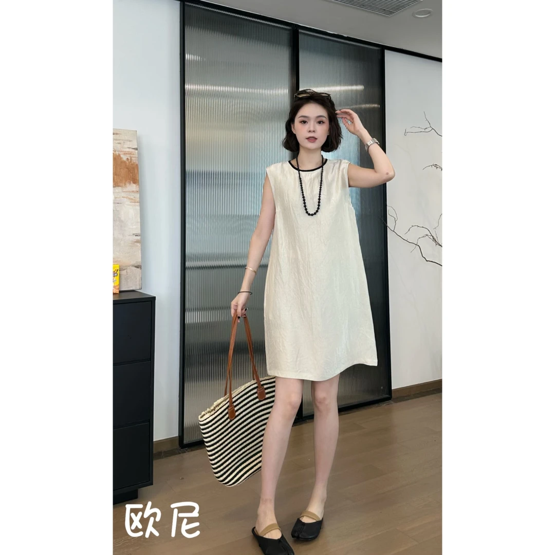 小静静一会 极简百搭小圆领撞色无袖连衣裙 2407B3051