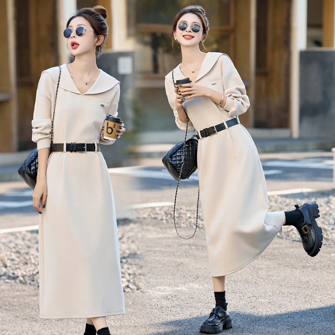 休闲时尚大翻领卫衣连衣裙女2025春秋新款遮肉显瘦宽松中长款裙子