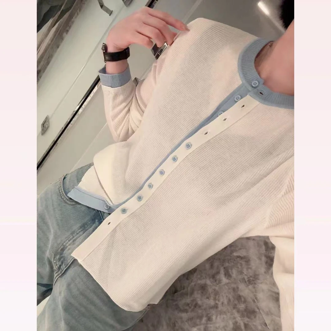 春苗女装     拼色蓝调开衫      时尚百搭毛衣针织衫