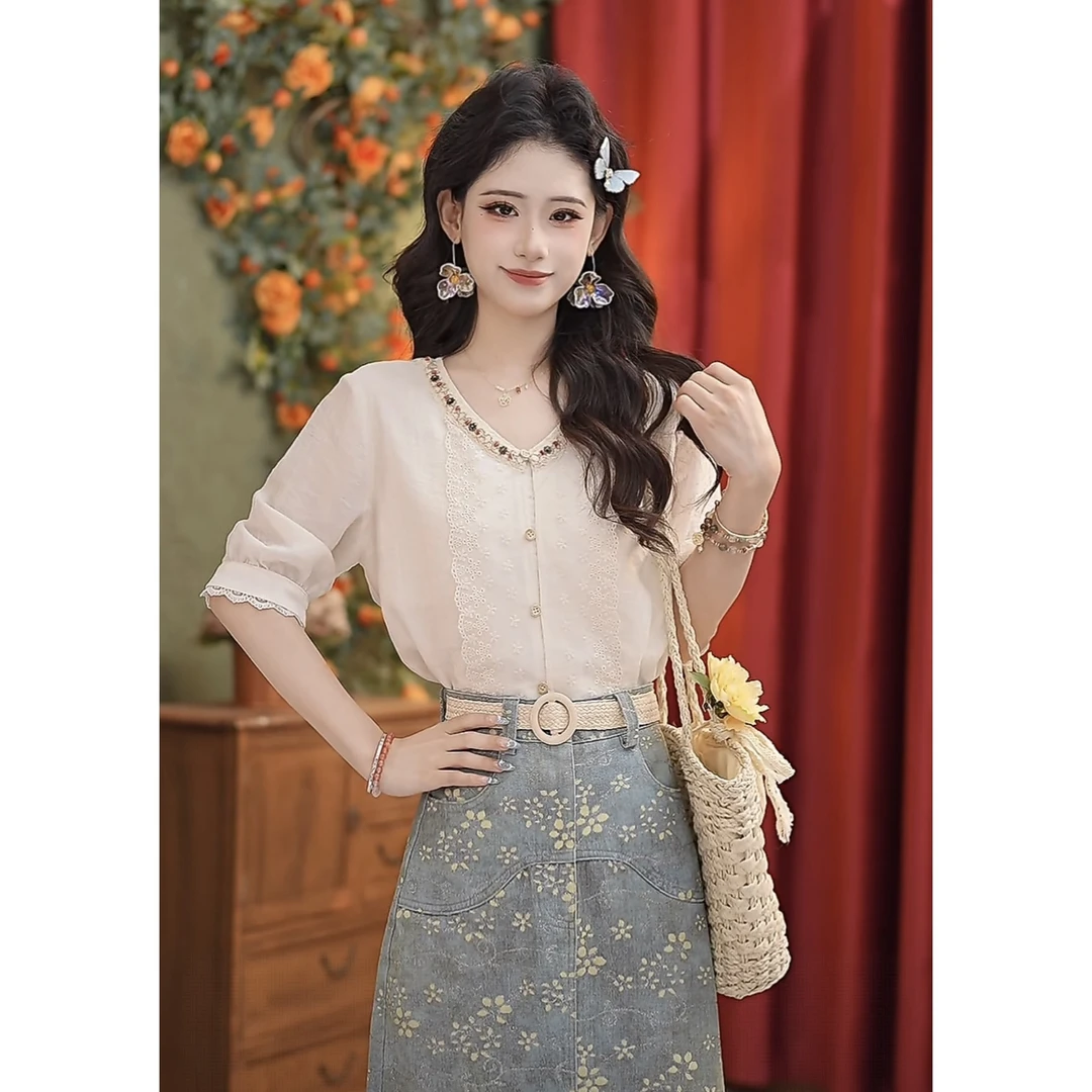 张嘉圆 【宝琢】25年新款气质轻薄蕾丝显瘦小香风时尚衬衫#7976