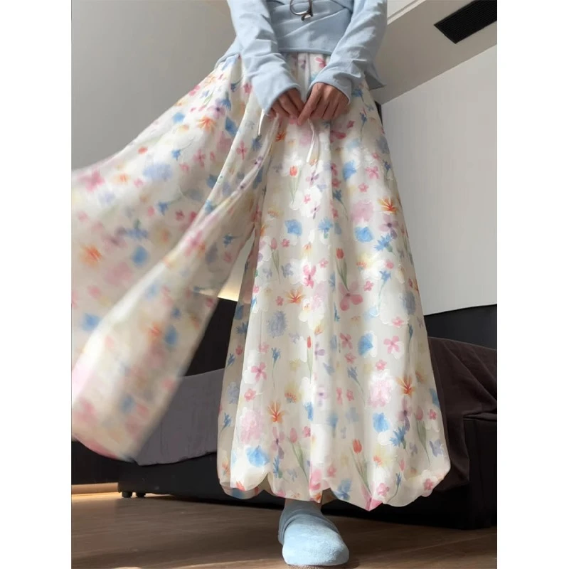 画报花苞裙裤女夏季2025新款小个子a字半身裙垂感高腰碎花阔腿裤