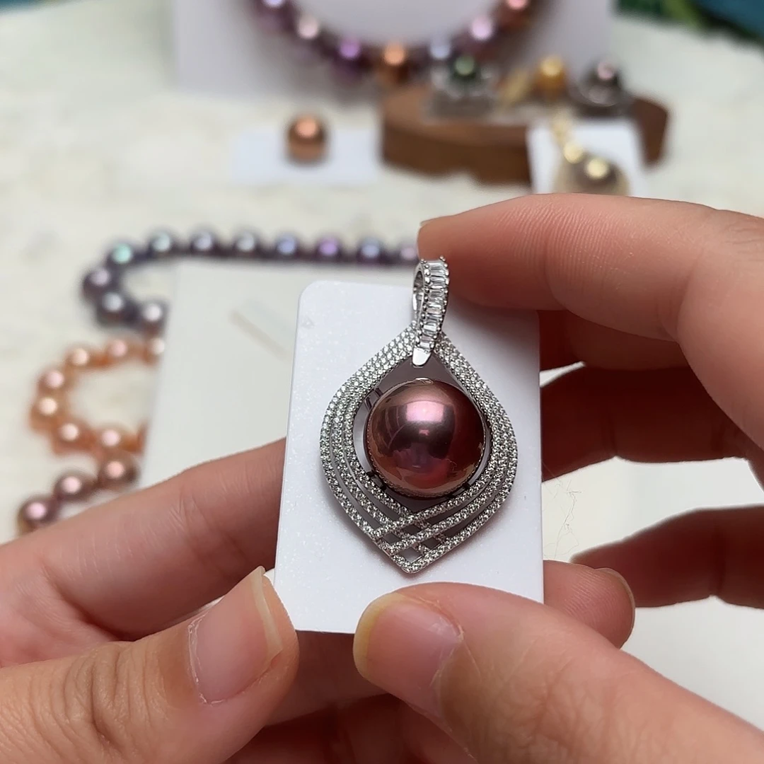 淡水珍珠吊坠(不含链)银S925镶嵌15.4正圆拉菲酒红