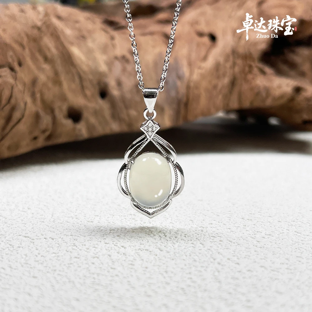 sc【冰清玉韵】岫玉白冰蛋面吊坠轻奢时尚坠链简约气质女款锁骨链