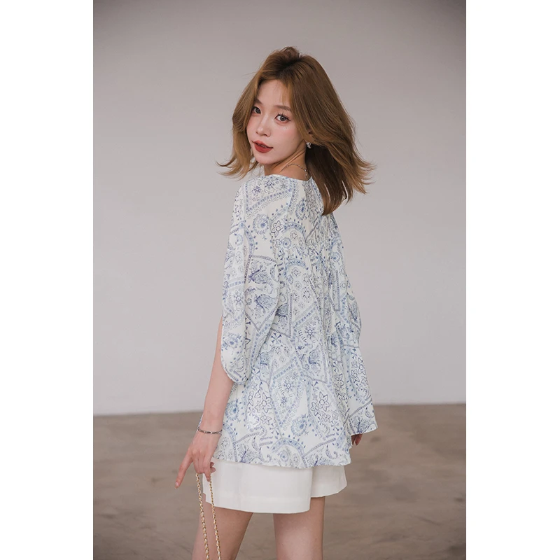 薄款流苏系带夏季女装意式印花提花成人衬衫碎花