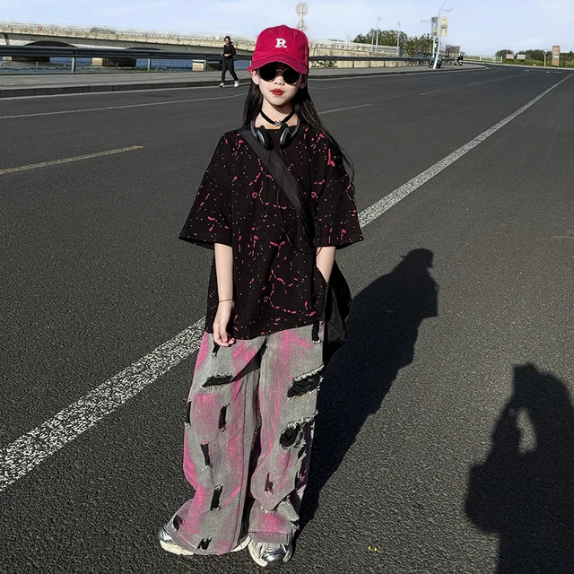 女童洋气彩色短袖T韩版宽松2025夏季新款时髦破洞牛仔裤炸街2件套