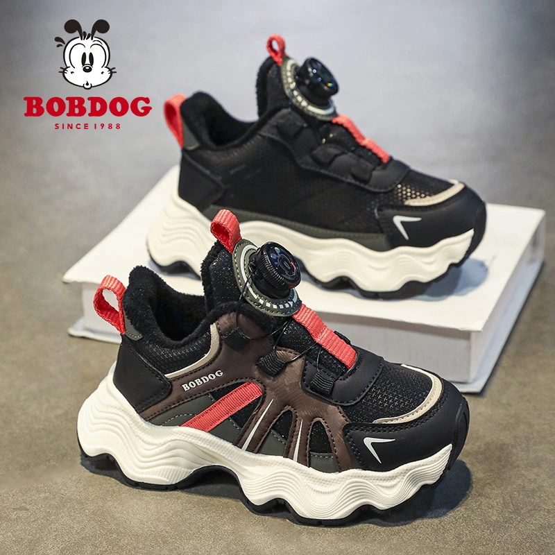 Bobdog/巴布豆2024冬季新款运动鞋透气减震旋转纽扣男女童童鞋