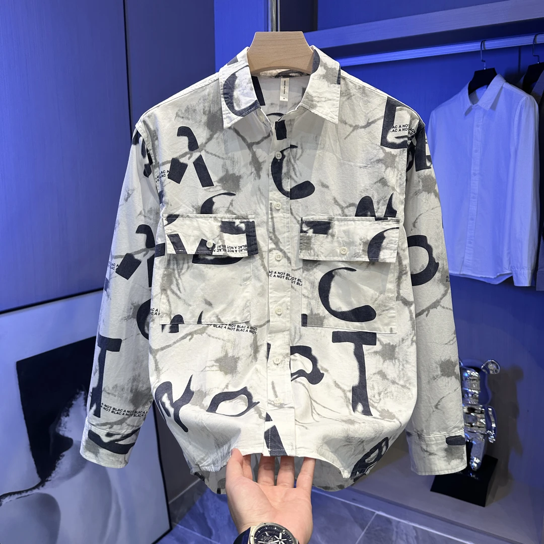 专柜品质轻奢时尚印花男装长袖衬衫痞帅高级松弛感休闲风美式衬衣