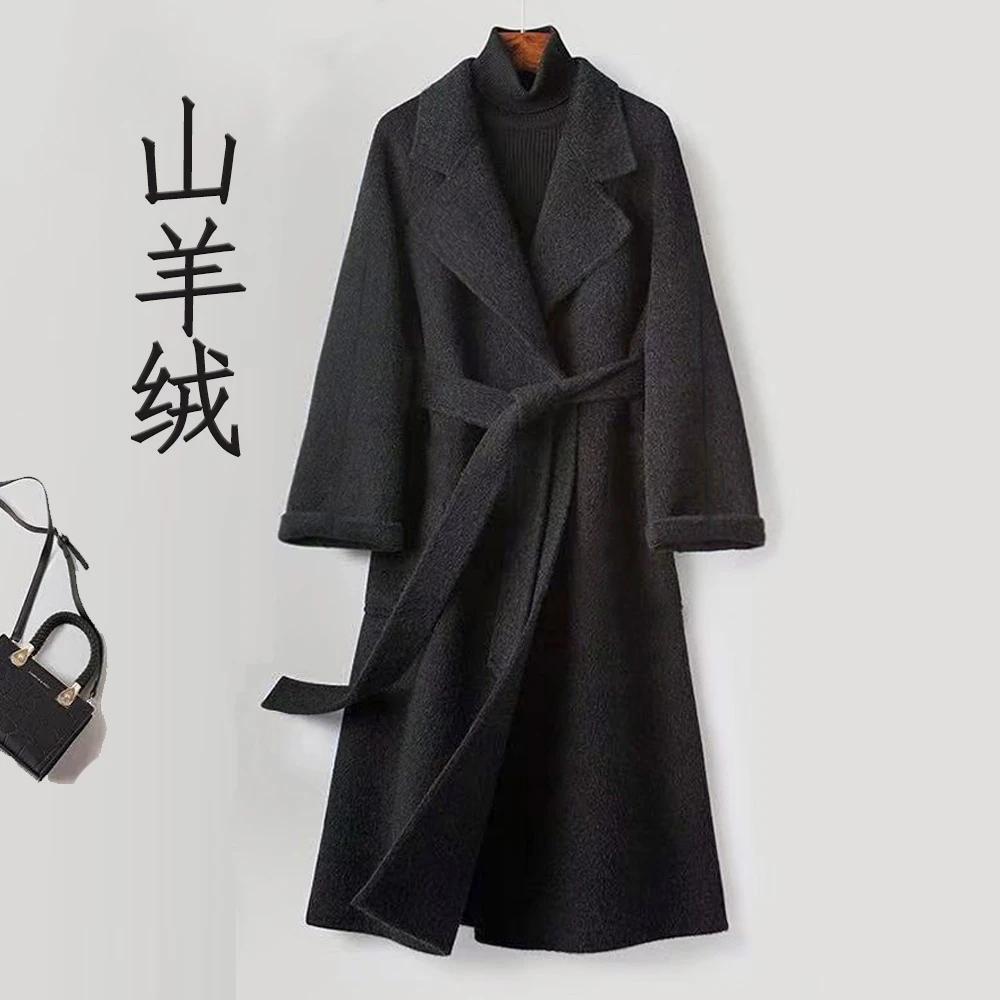韩版战袍山双面羊绒大衣中长款手工羊毛呢子外套秋冬百搭气质翻领