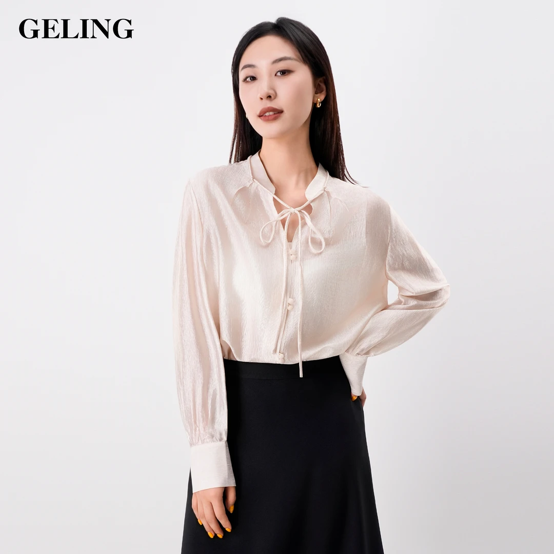 GELING/歌&玲醋酸衬衫宽松V领复古小众流苏缎面提花上衣G504WC44C