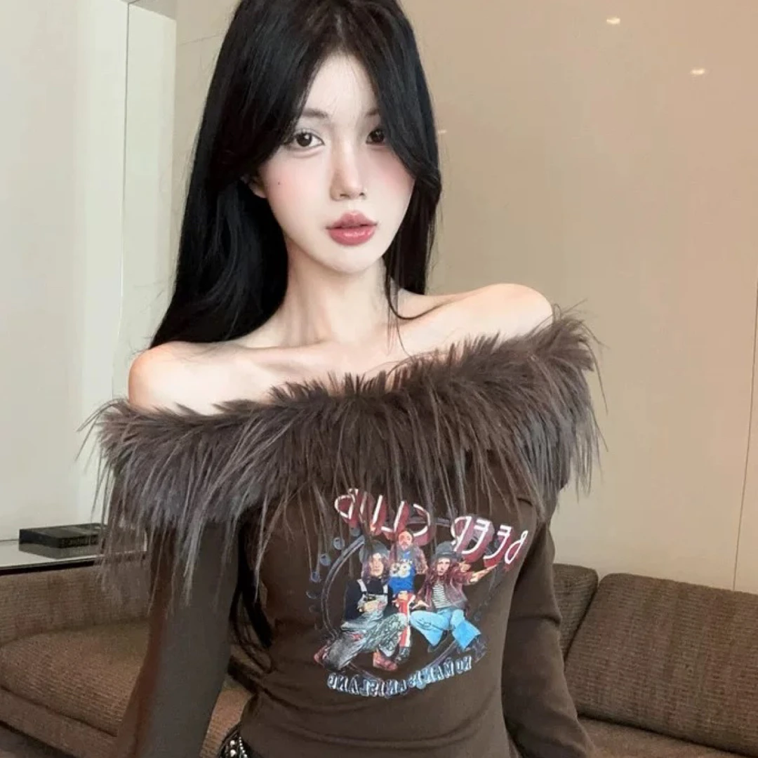 g 性感风长袖拼接美式刺绣露肩T恤时尚修身背心设计感