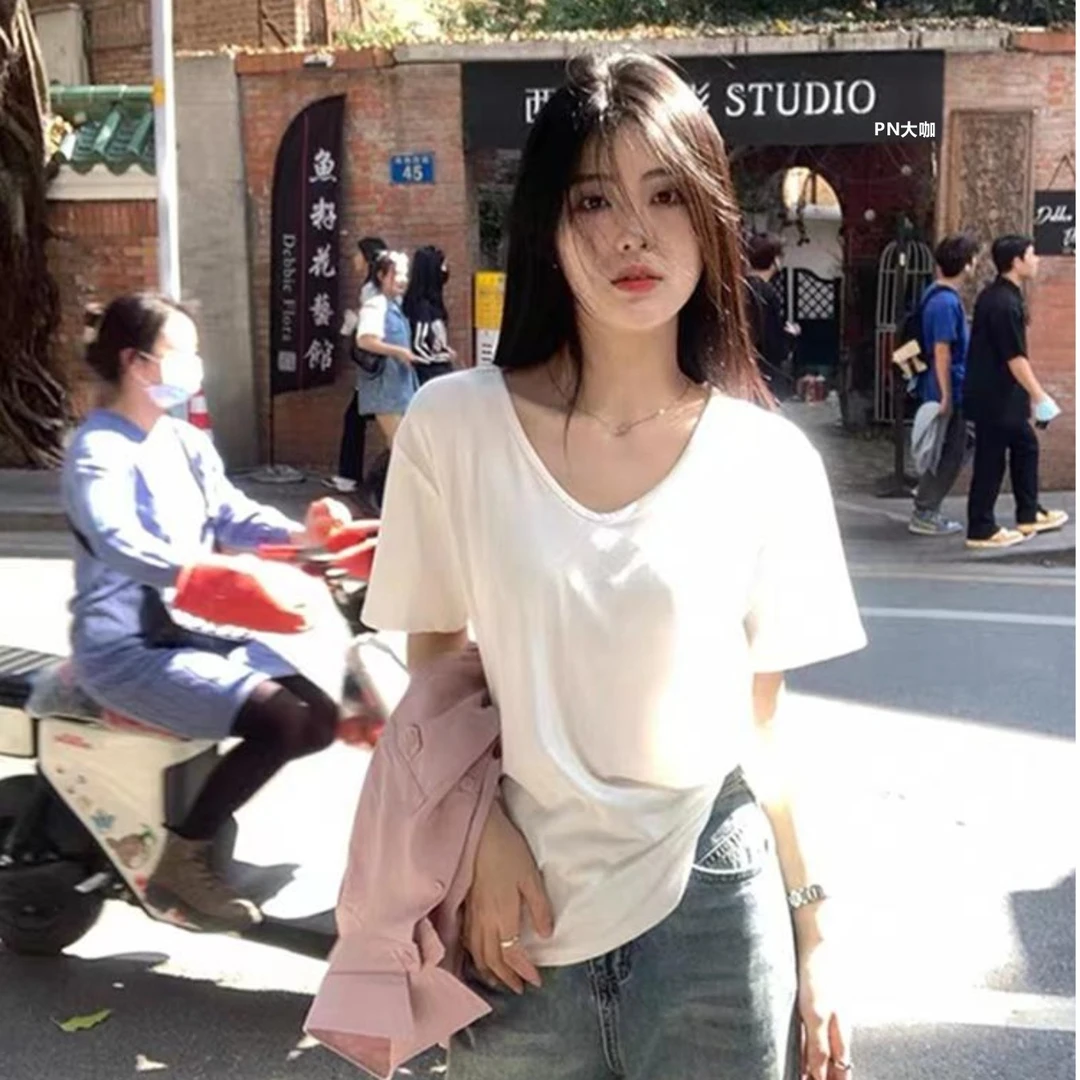 时尚V领t恤女短袖白色正肩夏2025年大领口宽松显瘦内搭上衣t恤女