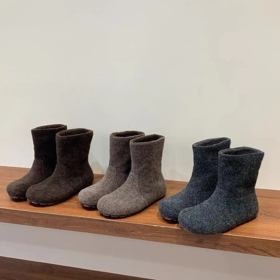 内增高复古呢子加绒短靴女2025冬季新款灰色马丁靴圆头短筒勃肯靴