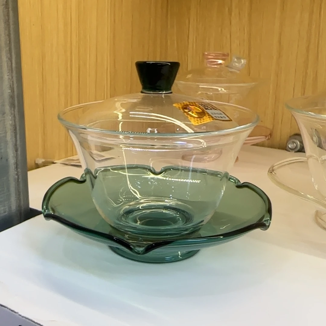 手工艺品玻璃禾器荷叶盖碗墨绿色