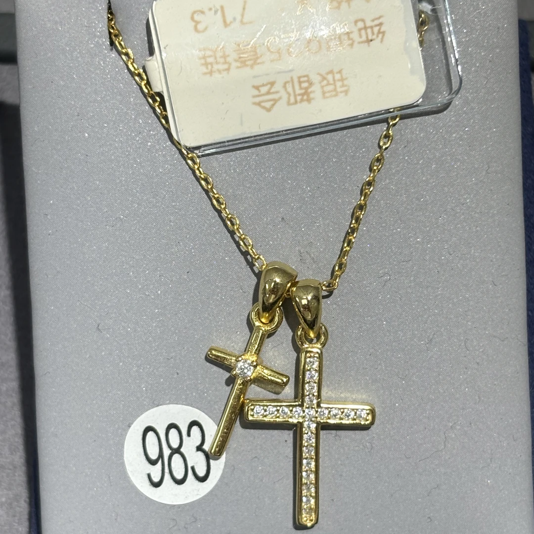 坠链均925银合成锆石 纯银镀金工艺十字架套链