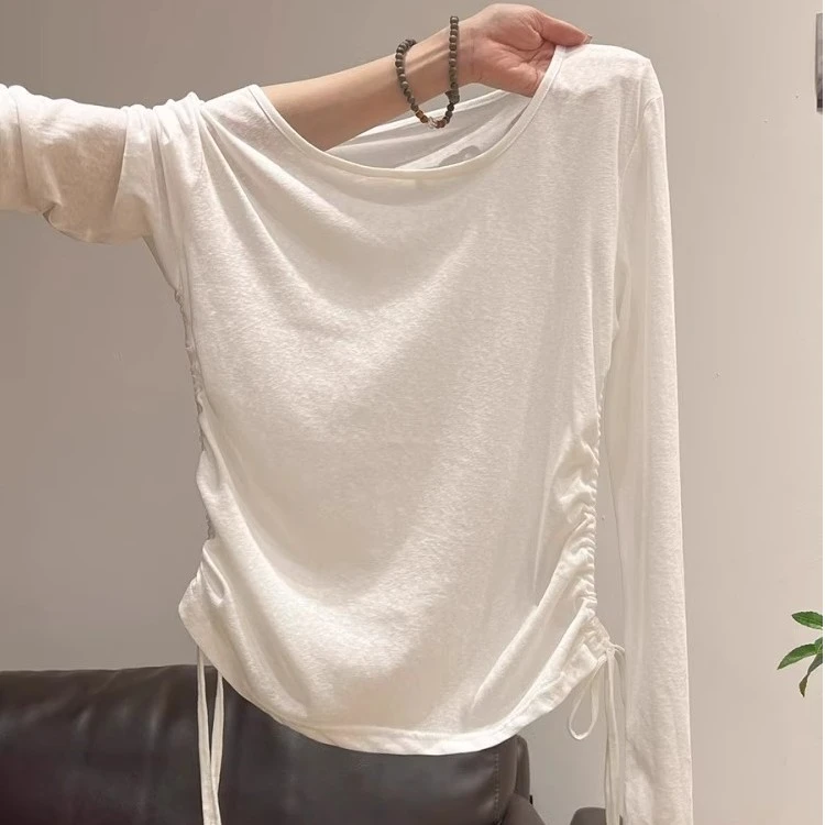 雪花棉温柔掐腰褶皱系带长袖t恤女防晒时尚新款宽松显瘦绝美上衣
