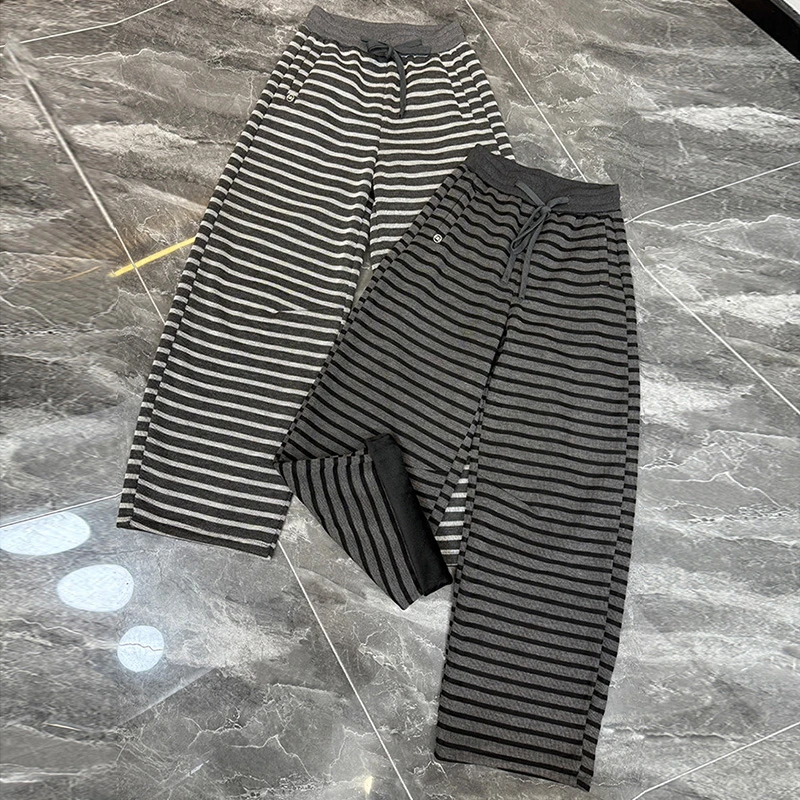 冬季加绒加厚直筒裤女宽松显瘦休闲阔腿裤百搭条纹撞色哈伦拖地裤