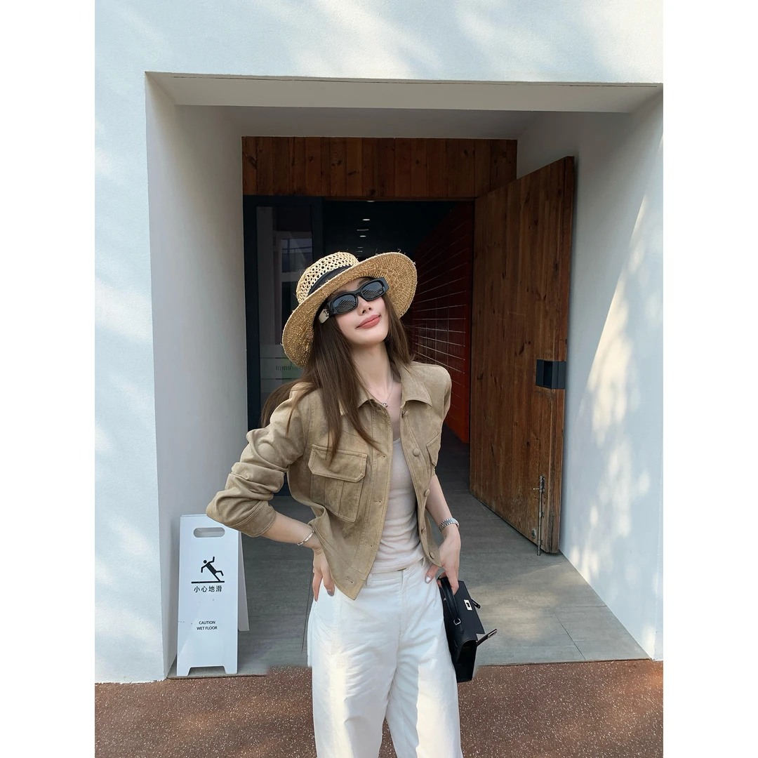 伦敦旧梦 复古麂皮外套女秋季2025卡其色短款工装夹克百搭上衣