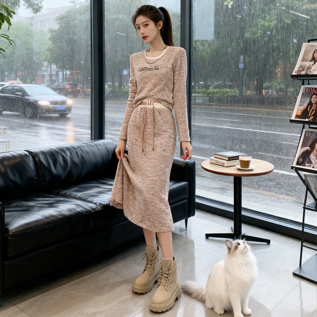 欧版时尚气质套装女秋新款设计感修身显瘦短款卫衣半身长裙两件套